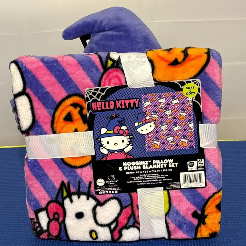 Hello Kitty Halloween Themed Plush Blanket & Pillow Set and Trick or Treat Bag